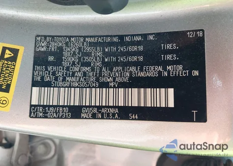 2019 Toyota Highlander Hybrid Le из США, поврежденный, VIN 5TDBGRFH8KS057049